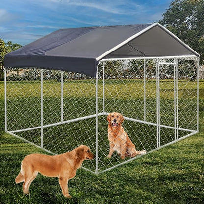 Large Dog Kennel 9.8X9.8FT, Large Outdoor Dog Kennel Heavy Duty Dog Cage with Waterproof UV-Resistant Cover Roof, Large Dog House Pen Enclosure, Silver
