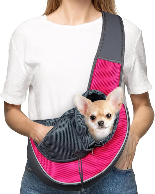 WOYYHO Pet Dog Sling Carrier Adjustable Strap Breathable Mesh Dog Slings for Small Dogs with Zipper Touch Pocket Safety Leash Dog Sling Carrier for Outdoor Travel (S (2-4.5 lbs), Rose)