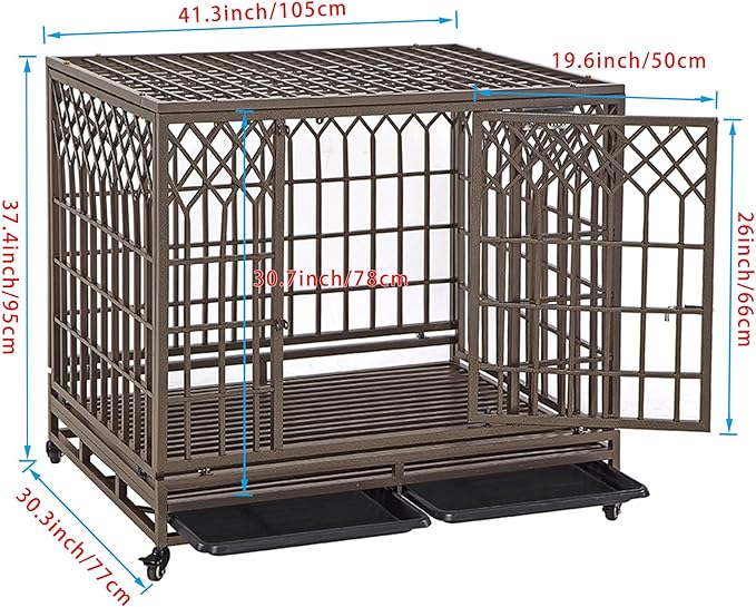 SMONTER Heavy Duty Dog Crate Strong Metal Pet Kennel Playpen with Two Prevent Escape Locks Large Dogs Cage with Wheels (Strengthen-42INCH, Brown)