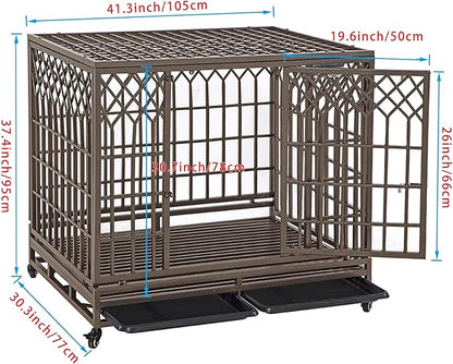SMONTER Heavy Duty Dog Crate Strong Metal Pet Kennel Playpen with Two Prevent Escape Locks Large Dogs Cage with Wheels (Strengthen-42INCH, Brown)