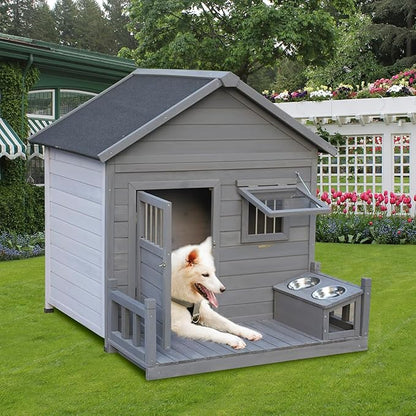 Open Waterproof Asphalt Roof Large Dogs House with Spacious Terrace,Outdoor Dog Kennel W/Small Wooden Door,Breathable Window & 2 Feeding Stainless Bowls,Fir Wood Dog Cage for Large Dogs,Gray