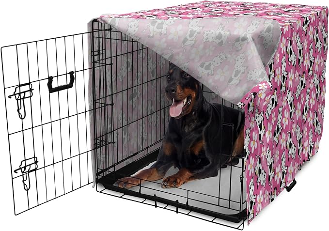 Lunarable Cow Dog Crate Cover, Cartoon Pattern Domestic Farm Animal and Daisy Flowers, Easy to Use Pet Kennel Cover for Medium Large Dogs, 42 Inch, Pink Charcoal Grey