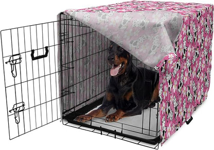 Lunarable Cow Dog Crate Cover, Cartoon Pattern Domestic Farm Animal and Daisy Flowers, Easy to Use Pet Kennel Cover for Medium Large Dogs, 42 Inch, Pink Charcoal Grey