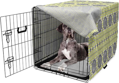 Lunarable Bohemian Mandala Dog Crate Cover, Floral Sun Motif on Brush Drawn Stripes with Dots, Easy to Use Pet Kennel Cover for Medium Large Dogs, 48 Inch, Night Blue Yellow