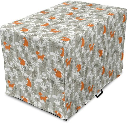 Lunarable Autumn Fall Dog Crate Cover, Fox Animal Sleeping in The Forest Plants Woodland Wildlife Theme, Easy to Use Pet Kennel Cover for Medium Large Dogs, 48 Inch, Orange Grey White