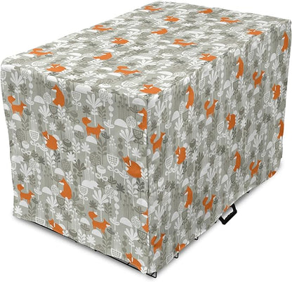 Lunarable Autumn Fall Dog Crate Cover, Fox Animal Sleeping in The Forest Plants Woodland Wildlife Theme, Easy to Use Pet Kennel Cover for Medium Large Dogs, 42 Inch, Orange Grey White