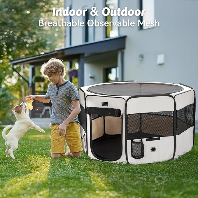 PETSFIT Portable Dog Playpen, 29" Dia Puppy Playpen with Zipper Removable Mesh Top Cover and Leakproof Playpen Bottom Mat-Cat Playpen Indoor/Outdoor for Cats,Dogs&Small Animals