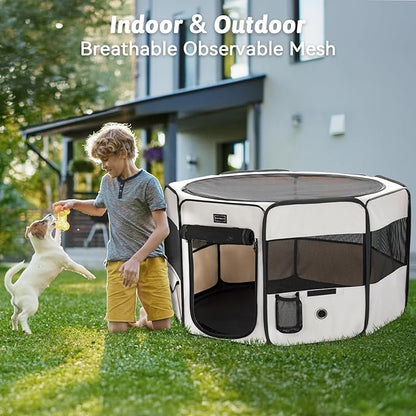 PETSFIT Portable Dog Playpen, 29" Dia Puppy Playpen with Zipper Removable Mesh Top Cover and Leakproof Playpen Bottom Mat-Cat Playpen Indoor/Outdoor for Cats,Dogs&Small Animals