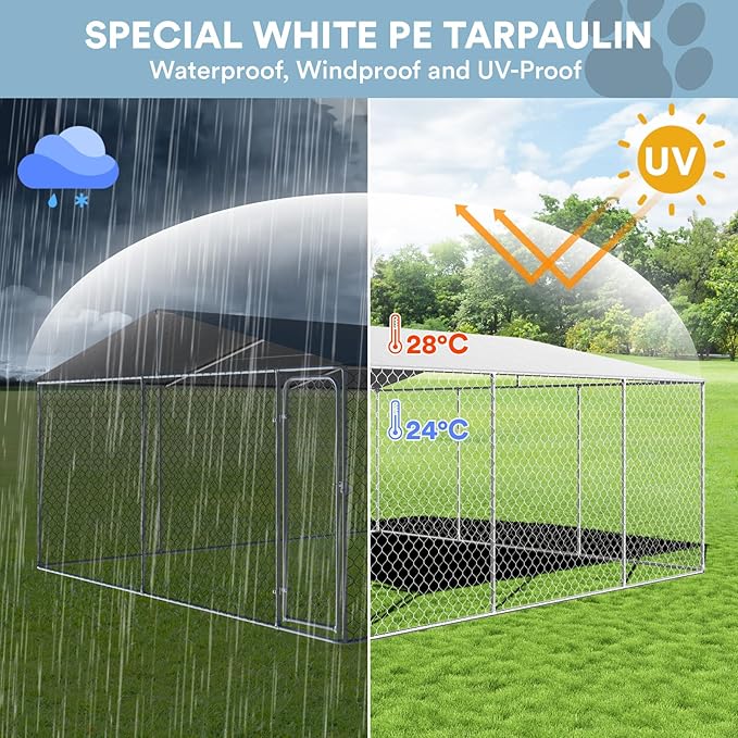 Rovibek 15'×15' Extra Large Outdoor Dog Kennel for Yard, Dog Kennel Outside with Roof, Dog Kennels Outdoor with Waterproof Sunproof Cover