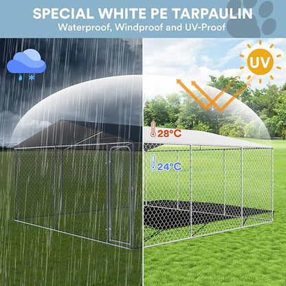 Rovibek 15'×15' Extra Large Dog Kennel Outside Dog Run Fence, Outdoor Dog Kennel with Roof, with Waterproof Sun-Proof Cover