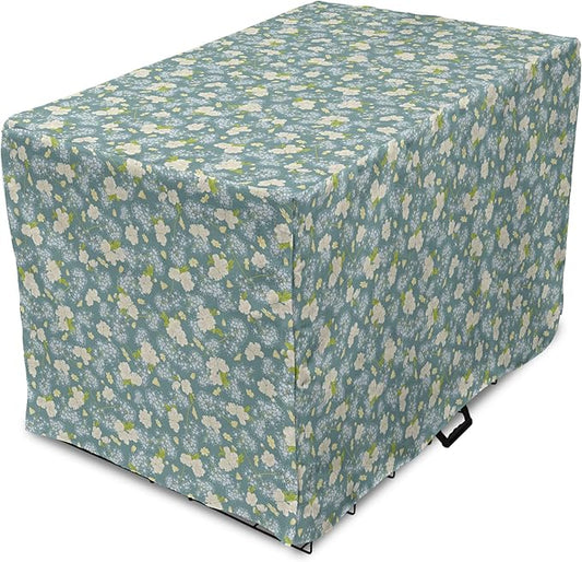 Lunarable Spring Dog Crate Cover, Pastel Tone Romantic Blossoming Flowers Pattern Vintage Garden Art, Easy to Use Pet Kennel Cover for Small Dogs Puppies Kittens, 18 Inch, Cadet Blue Eggshell