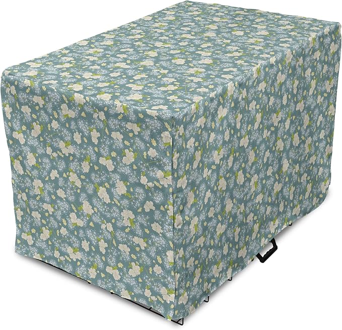 Lunarable Spring Dog Crate Cover, Pastel Tone Romantic Blossoming Flowers Pattern Vintage Garden Art, Easy to Use Pet Kennel Cover for Medium Large Dogs, 48 Inch, Cadet Blue Eggshell