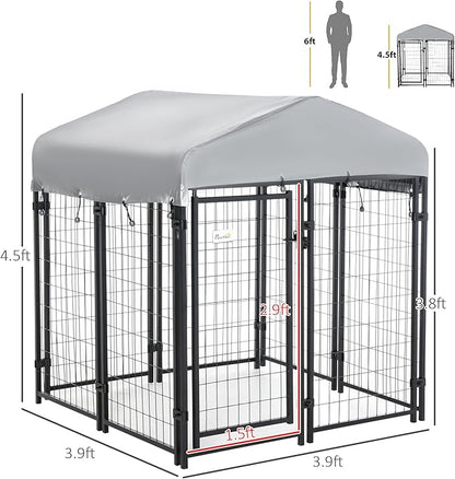 PawHut 4' x 4' x 4.5' Dog Kennel Outside, Dog Playpen Exercise Pen with Lockable Door, Water-Resistant Canopy, for Medium and Large Puppies