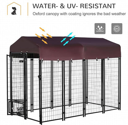 PawHut 8' x 4' x 6' Outdoor Dog Kennel with Rotating Bowl Holders, Walk-in Pet Playpen, Welded Wire Steel with Water and UV-Resistant Canopy, Red