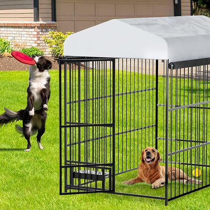 Outdoor Dog Kennel - 6.6 x 3.9 x 5.9 ft Outside Dog Kennel with Roof,Large Dog Outdoor Kennel with Rotating Feeding Bowls for Medium Small Dogs