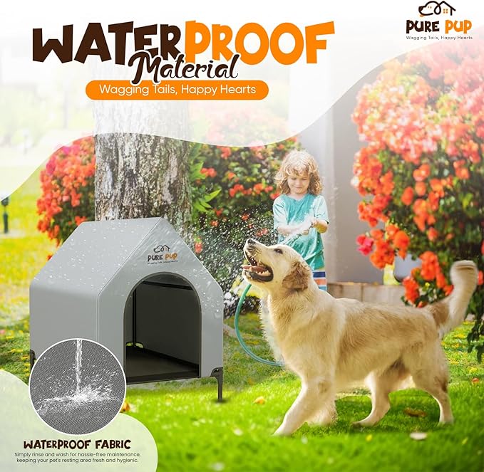 Outdoor Dog House with Elevated Bed, Weatherproof Canopy, Breathable Mesh Fabric with Windows – Ideal Shelter for Large Breeds