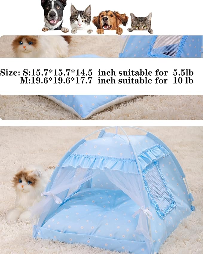 Cat Princess Bed Tent House - Kitty Cute Tent Indoor,Small Dog House Indoor/Outdoor Cave Nest Bed Small Dog Tent for Cat,Puppy Tent (15.7"x15.7"x14.5"/Blue)