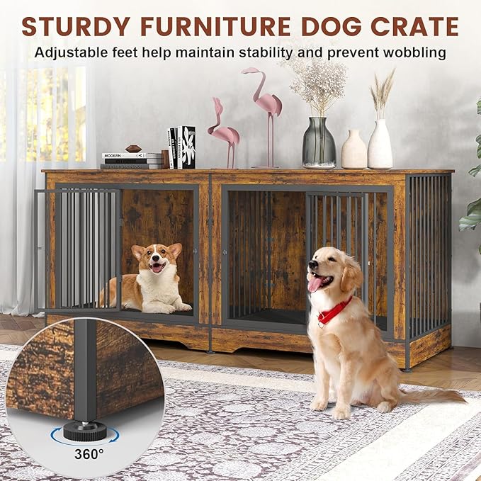 75 Inch Double Dog Crate Furniture, 3 in 1 Dog Cage for Large Dogs, Durable Brown TV Stand Dog Crate with Trays and Divider, Double Dog Kennel for 2 Dogs