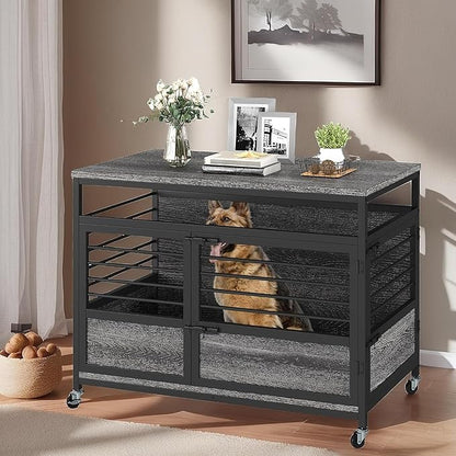 YITAHOME 39" Dog Crate Furniture with Wheels, Farmhouse Decorative Wood Dog Cage End Table Chew-Resistant Wooden Dog Kennel Indoor for Small Dogs, Grey