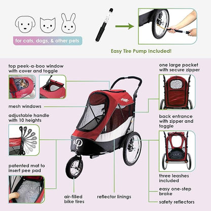 Petique Trailblazer Pet Jogger/Stroller, Bike Trailer, Shock Absorbing Bike Wheels, Large Entry Way, Peek-a-Boo Window, Small/Medium/Large Dogs, Cats and Pets, Supports up to 77LBS - Mars (Red)