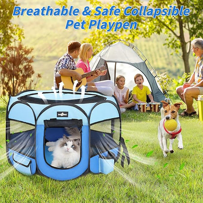 Foldable Pet Cat Playpen, Portable Pet Dog Playp en for Small Dog Cat, Puppy Kitten Pen with Free Carrying Case & Waterproof Pad, Pop up Pet Playpen for Indoor Outdoor Use