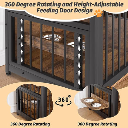 IDEALHOUSE Dog Crate Furniture, 48 Inch Dog Cage with 2 Open Storage Shelves, Wooden Dog Kennel with Adjustable Raised Feeders, Indoor Heavy Duty Metal End Table Dog Crate for Large Medium Dogs