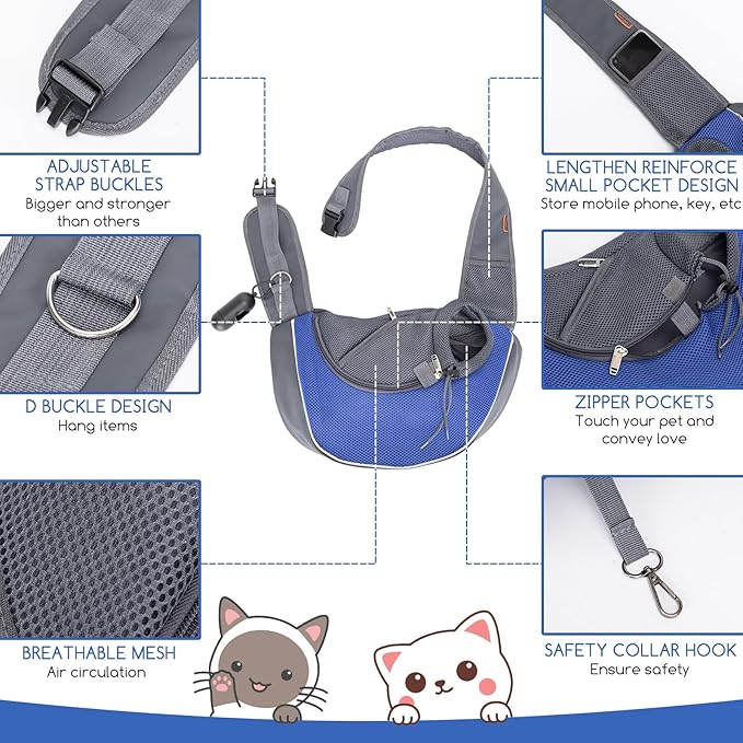 Nobleza Dog Sling Carrier, Mesh Adjustable Pet Sling Puppy Sling Carrier for Small Medium Dog Cat Rabbit (L (up to 10 lbs), Gray Blue)