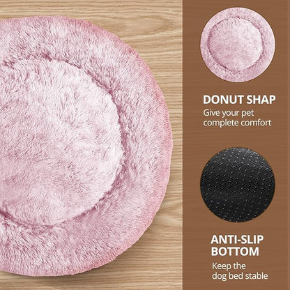 JOLLYVOGUE Donut Dog Bed for Medium Dogs, Anti-Anxiety Washable Round Bed, Calming Donut Dog Cat Bed for Puppy Bed, Fluffy Dog Beds for Large Dogs, Round Puppy Bed for Indoor Pet (31"/Smoke Pink