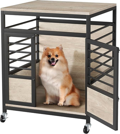 DWVO Dog Crate Furniture, 24 Inch Dog Kennel Indoor Furniture End Table for Dogs, Modern Decorative Wooden Cage with Wheels, Chew-Resistant, Greige