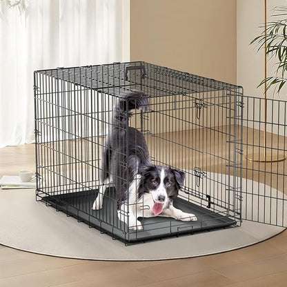 MoNiBloom 24/30/36/42/48 Dog Crates, Foldable Metal Wire Dog Cage with Double-Door, Outdoor Indoor Pet Kennels, Includes Leak-Proof Pan, Divider Panel, Black, 42"