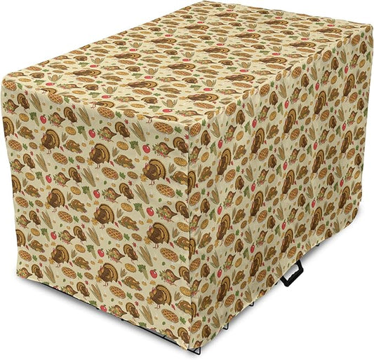 Lunarable Thanksgiving Dog Crate Cover, Special Day Family Dinner Classical Delicious Meal Abundance Harvest, Easy to Use Pet Kennel Cover for Medium Large Dogs, 48 Inch, Orange Brown Green