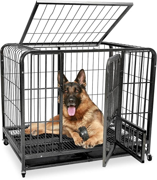 49.2Inch Indestructible Metal Dog Crates for Large Dogs, Heavy Duty Escape Proof Dog Kennel Indoor Extra Large Dog Crate with Lockable Wheels, XXL Dog Crate 49.2" L x 37" W x 43.3" H