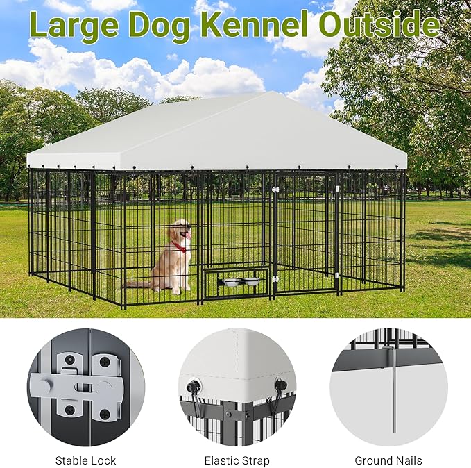 Rovibek 10x10 FT Dog Kennel Outside, Dog Kennels Outdoor with 2 Height Adjustable Rotating Feeder Bowls, Dog Enclosure Outdoor, Outside Dog Kennel with Roof, Outside Kennel for Large Dogs