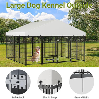 Rovibek 10x10 FT Dog Kennel Outside, Dog Kennels Outdoor with 2 Height Adjustable Rotating Feeder Bowls, Dog Enclosure Outdoor, Outside Dog Kennel with Roof, Outside Kennel for Large Dogs