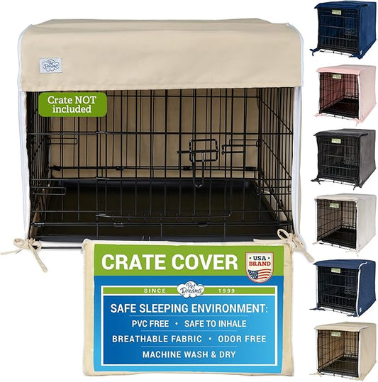 Pet Dreams Dog Crate Cover - Breathable Fabric Kennel Topper for Double-Door Crates, Fits iCrate Dog Cages 18, 24, 30, 36, 42, 48 Inches (Khaki, Medium, 30")