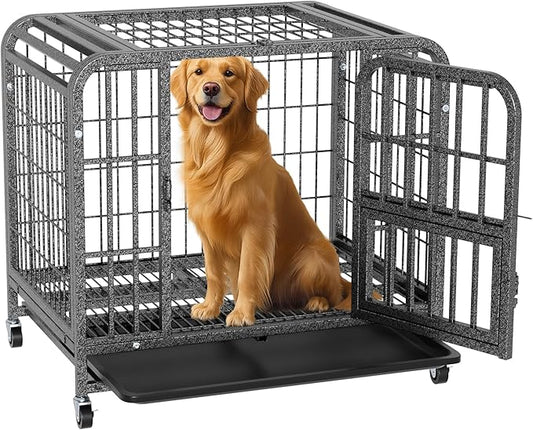 Metal Dog Crate for Small Medium Dogs 31 inch, Heavy Duty 10-Gauge Steel Dog Kennel Indoor Escape Proof, Wire Cage for High Anxiety or Arthritic Dogs Comfortable with Lockable Wheels, Bottom Tray