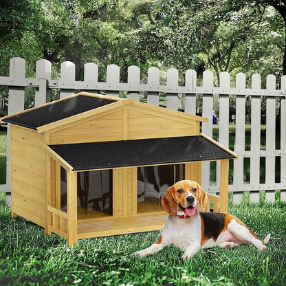 KELRIA 47.2" Dog House, Waterproof Dog Kennel, Wooden Outdoor and Indoor Dog House, Log Cabin Style with Porch,Elevated Floor, 2 Doors, Pine Wood + Natural