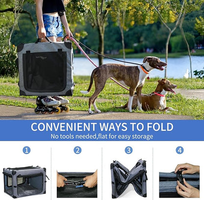 NEZUC Soft Collapsible Dog Crate - 24 Inch Portable Soft Sided Travel Dog Crates for Small Dogs, 4-Door Foldable Dog Carrier, Pet Kennel Indoor & Outdoor (Gray, 24.0" L x 17.0" W x 17.0" H)