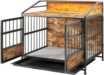 Dog Crate Furniture with Led Lights,Heavy Duty Wooden Dog Kennel with Double Doors,Dog House Indoor for Small Medium Dogs,End Table with Shelves,Black and Brown(34.65" L×24.02W×31.5" H)