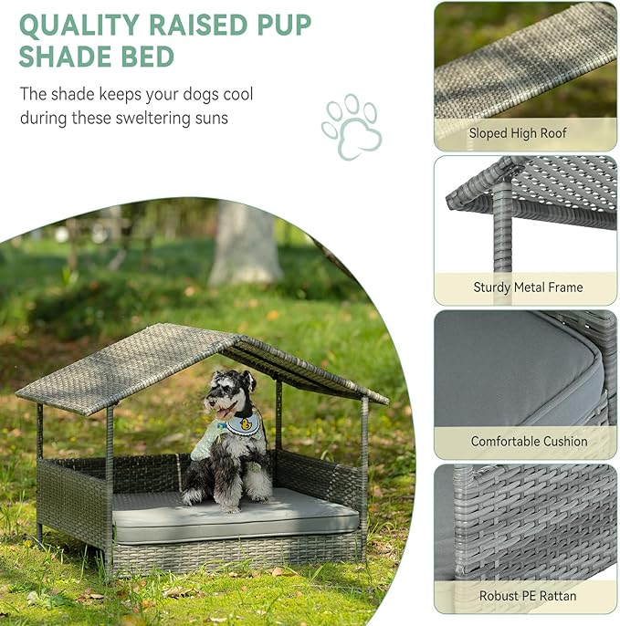 32" Wicker Dog House with Canopy, Indoor/Outdoor Elevated Rattan Dog Bed with Water-Resistant Soft Cushion, Large Outside Raised Dog Shelter with Roof for Small, Medium, and Large Dogs, Gray