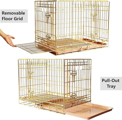 Homey Pet Dog Crates for Medium Dogs, Collapsible Small Dog Cage, Nano-Coated Metal Wire Puppy Kennel Indoor with Removable Floor Grid Tray, Double Doors Dual Locks, GOLD24+GREEN30 Bundle