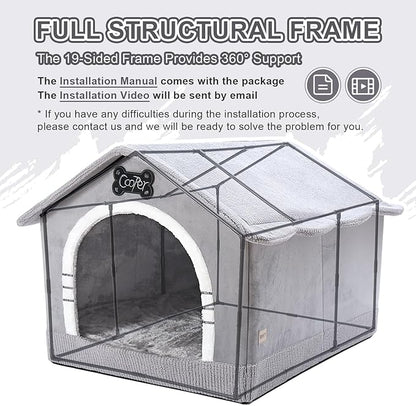 Jiupety Indoor Dog House with Frame, Large Dog Cave Bed, Insulated Cozy, Suitable for 50-90 lb, Jumbo (38"×30"×28"), Gray