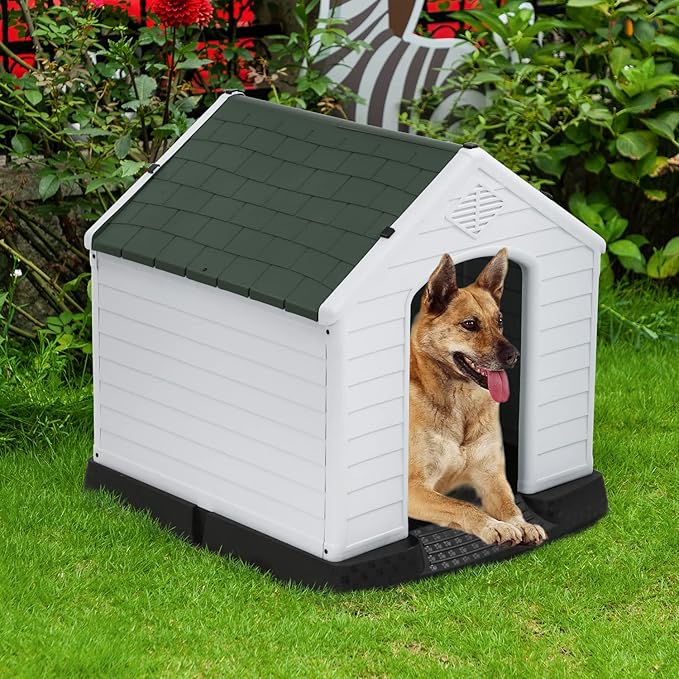 FDW Dog House Indoor Outdoor Durable Ventilate Waterproof Pet Plastic Dog House for Small Medium Large Dogs Insulated Puppy Shelter Kennel Crate with Air Vents and Elevated Floor