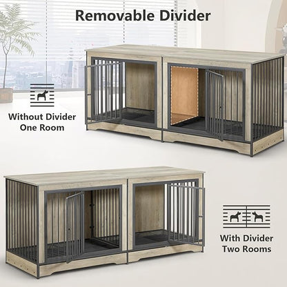 Rovibek 75 Inch Double Dog Crate Furniture with Double Doors, Removable Divider for Large Medium Dogs, Grey