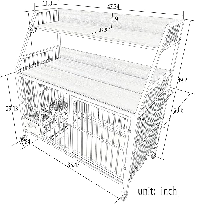 KEIKI 47 Inch Dog Crate Furniture for Large Medium Dogs, with Storage Shelves and Bowls, Indoor Dog Cage with 360° Caster Wheels & Flip-top Plate, Beige