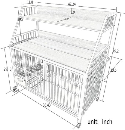 KEIKI 47 Inch Dog Crate Furniture for Large Medium Dogs, with Storage Shelves and Bowls, Indoor Dog Cage with 360° Caster Wheels & Flip-top Plate, Beige