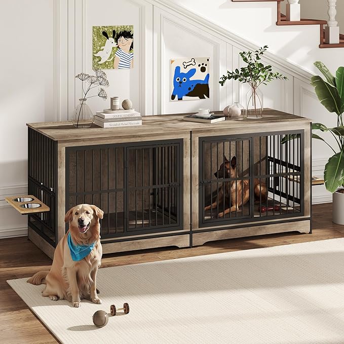 78'' Double Dog Crate Furniture for 2 Dogs, Double Dog Kennel with 360° Rotating and Adjustable Height Dog Bowl Holder with 4 Bowls, Grey Dog Kennel with Divider for Small Medium Large Dogs
