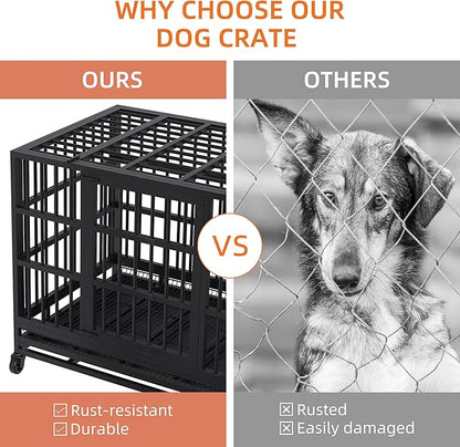 Shintenchi 38 inch Heavy Duty Crates for Large Dog, Indestructible and Escape-Proof Cage Kennel with Lockable Wheels, Double Door High Anxiety with Removable Tray, Black
