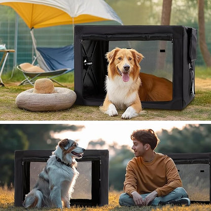 Travel Dog Crate - 37 Inch Collapsible Portable Foldable Crates for Large Dogs with Detachable Storage Bag, Removable Pad, and Mesh Windows for Outdoor & Indoor (Black)