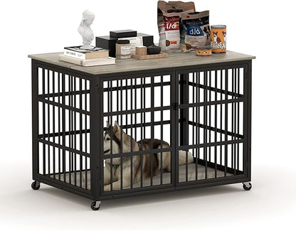 Furniture Style Dog Crate,Wrought Iron Frame with Side Openings,Wheels,Flip-Up Top,Durable and Stylish Pet Kennel for Home Use,Grey